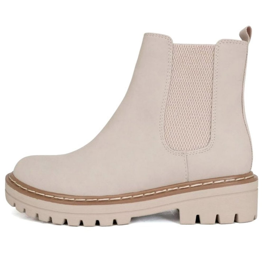 New Womens Sand Beige Round Toe Chelsea Combat Ankle Boots Booties